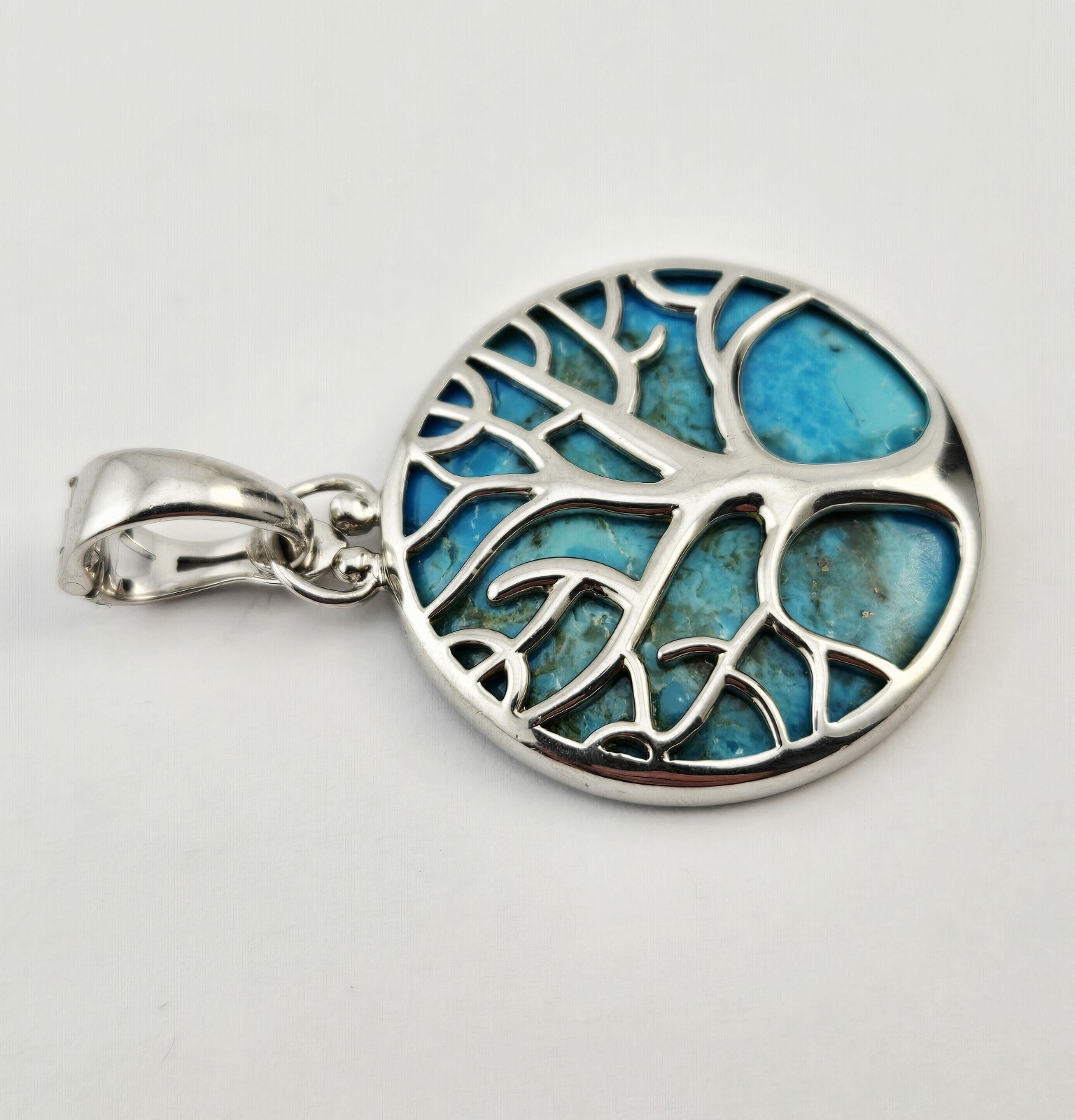Sterling Silver Blue Turquoise Tree of Life Pendant Enhancer BBJ – 11.0g