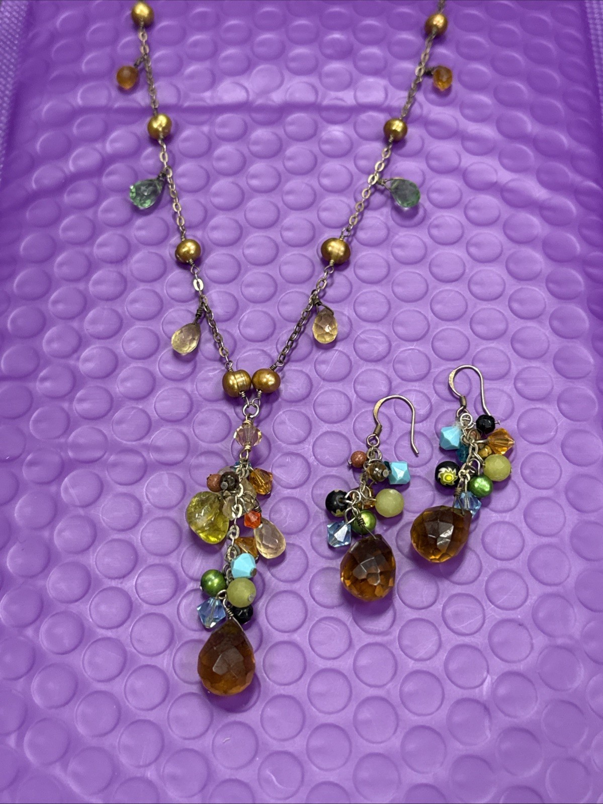 ❤️ Artisian Sterling Silver Gemstone Dangle Necklace 22″ & Earrings (2480)