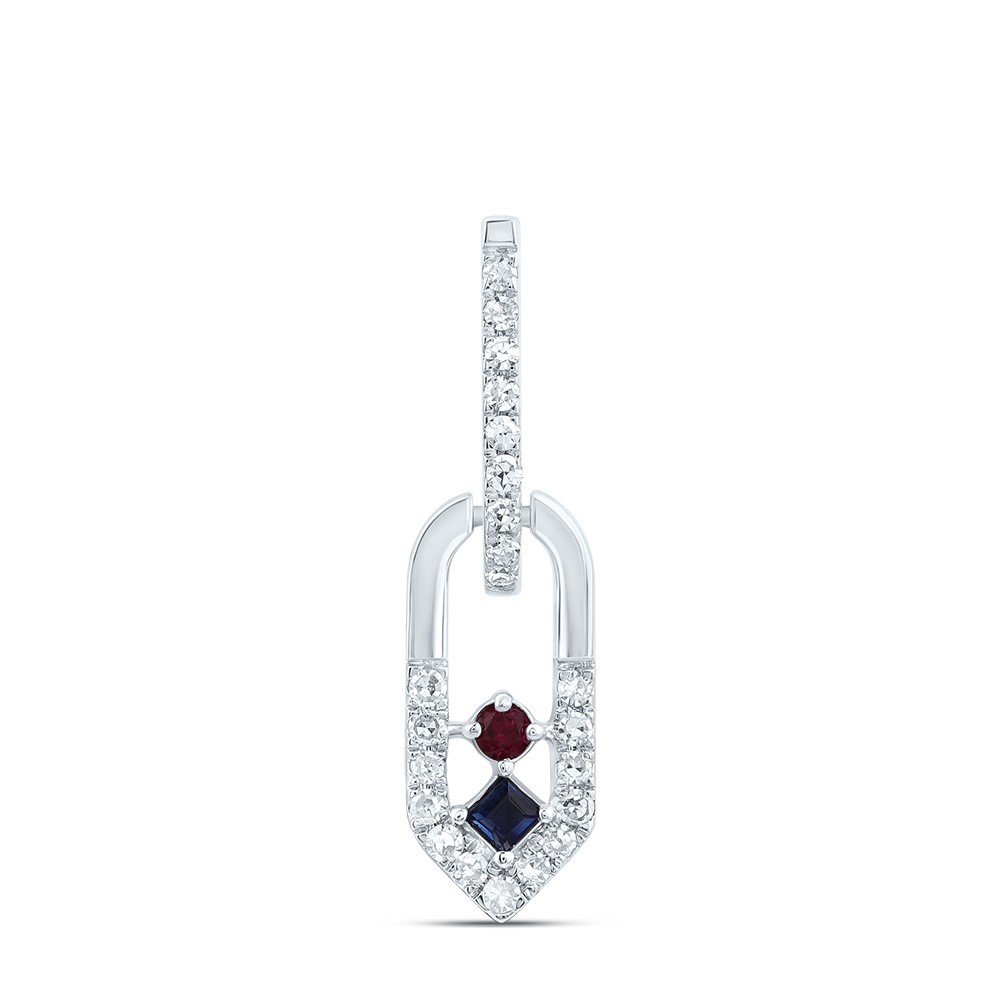 0.15 Ctw Natural Diamond Red Blue Paper Clip Pendant 14k White Gold