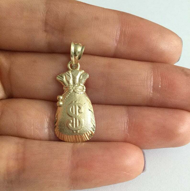 10K Solid Gold Money Bag Pendant – 1″ 10K Real Gold Charm, Dollar Charm-G15