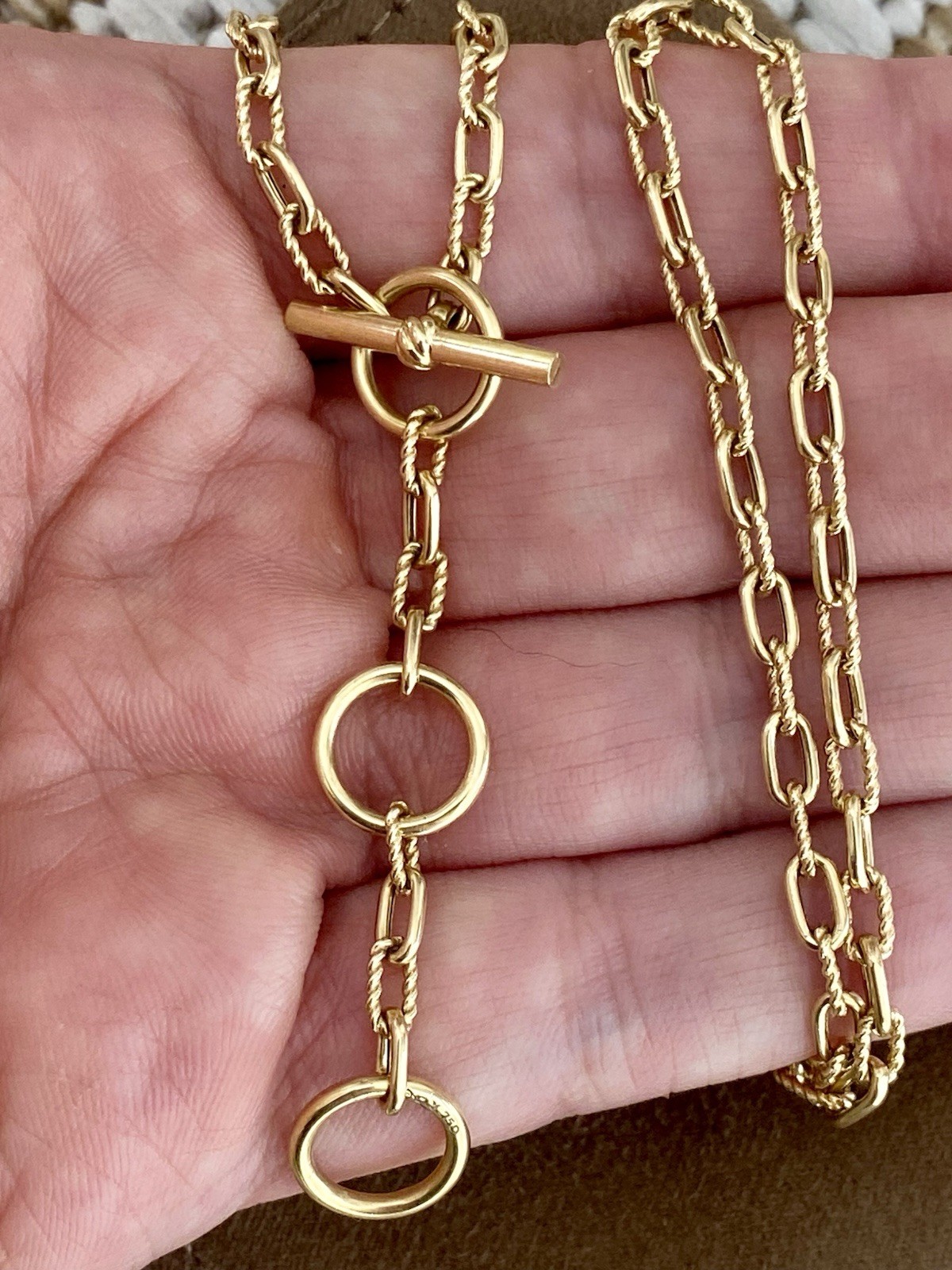 David Yurman 18K Gold Madison Necklace 3mm 17” Toggle 3 Ring Amulet Holder $4400