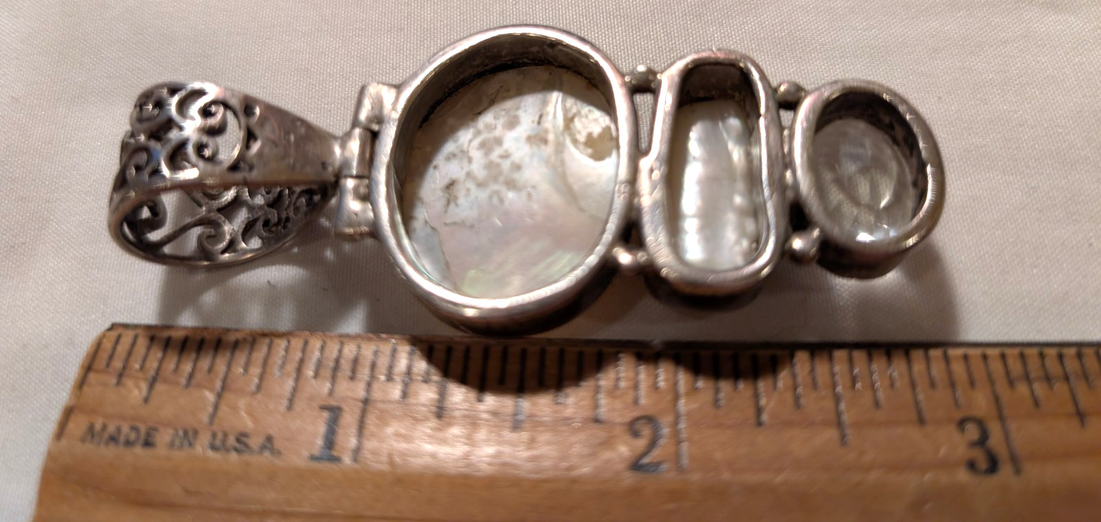 Sterling Silver 925 2 MOP & Topaz? Unique Hinged Pendant Oversized Filigree Bail