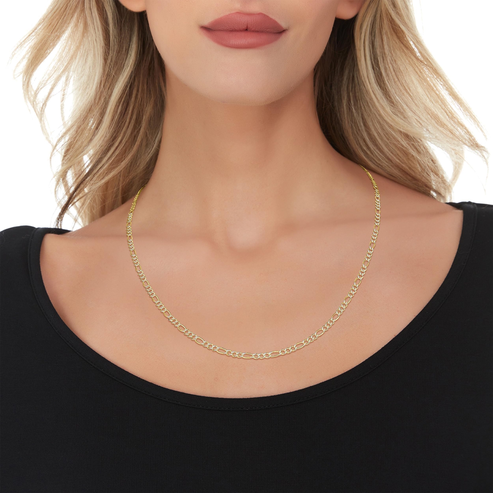 Floreo 10k Two-Tone Gold 2.5mm White Pave Figaro Chain Link Necklace
