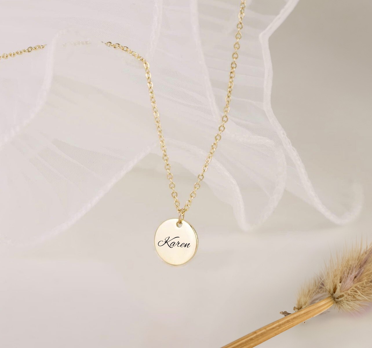 14K Plated Custom Engraved Disc Necklace, Gold Round Necklace, Circle Necklace