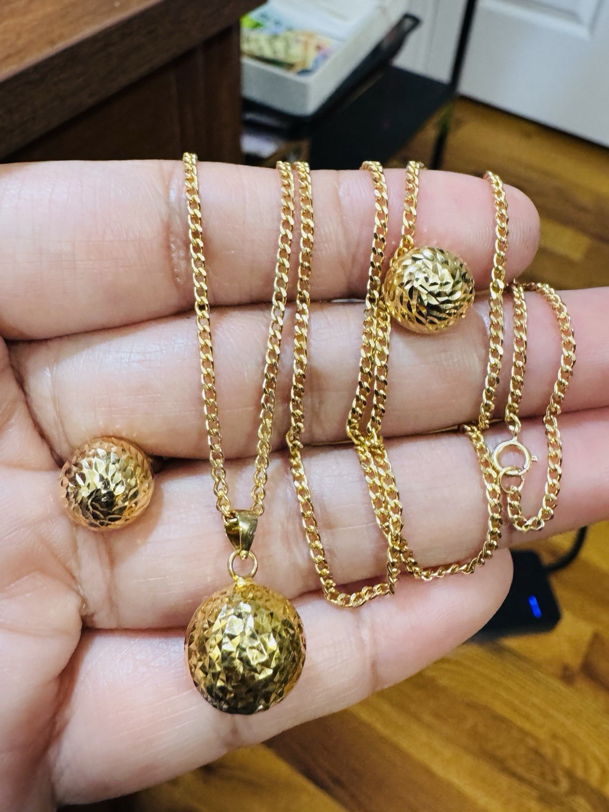 18K 750 Real Fine Gold Women’s Balls Earring & Necklace 23.5/24” long 10.4g 2mm