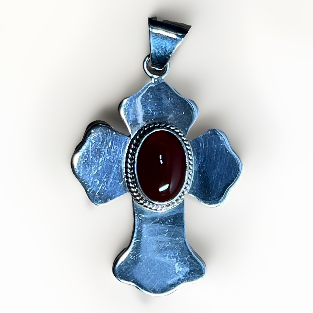 Vintage Sterling Silver 925 Dark Red Cross Pendant Mexico Very Good Condition