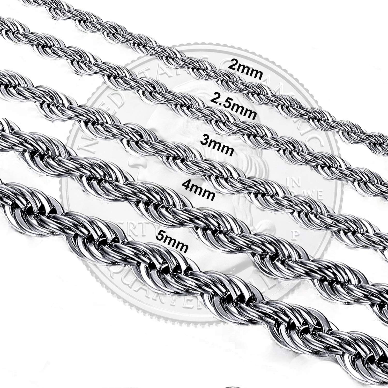 2mm-5mm Stainless Steel Rope Twist Necklace Chain For Men & Women Comes in 16-30