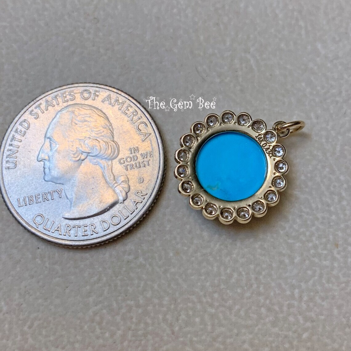 16mm 14K Yellow Gold Diamond Sleeping Beauty Turquoise Round Pendant Charm