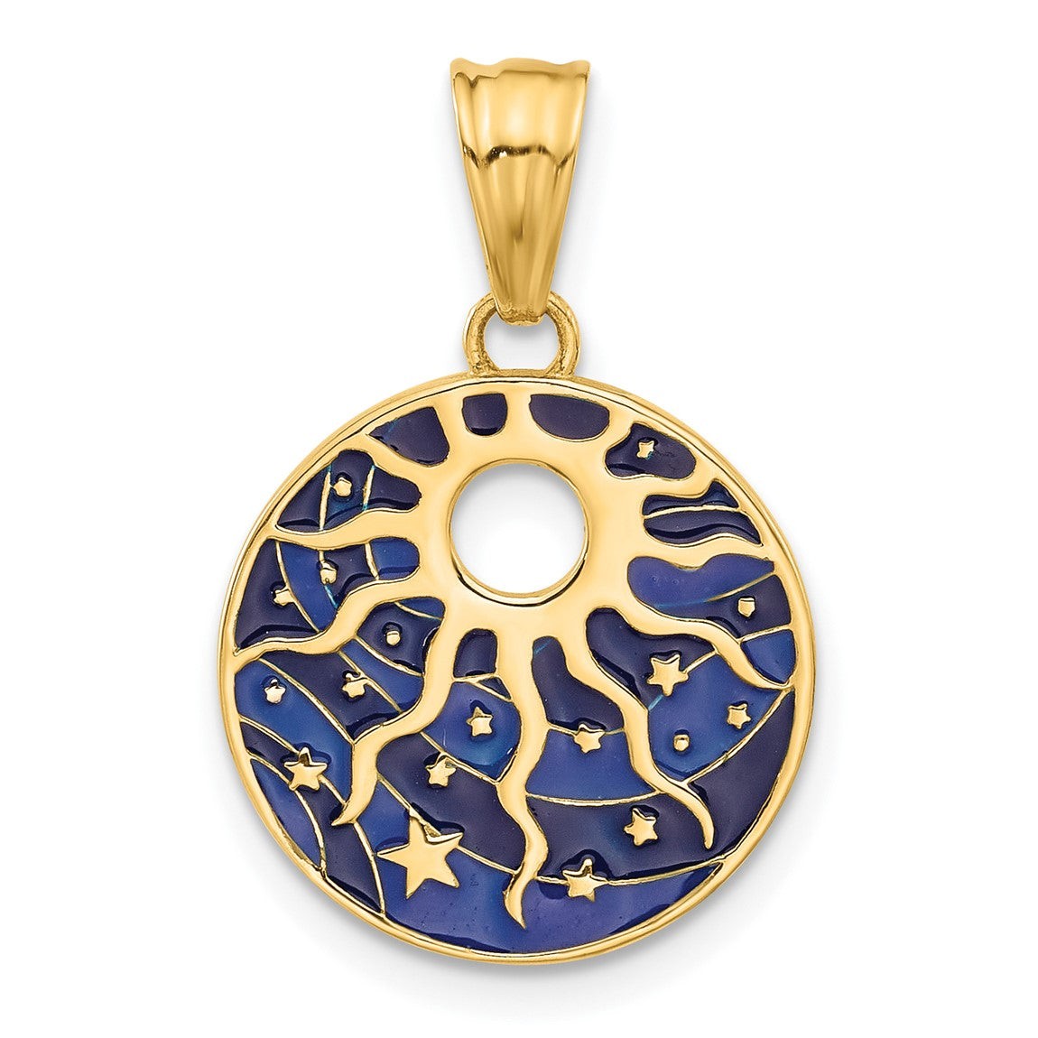 14K Yellow Gold Polished Enameled Sun and Stars Pendant
