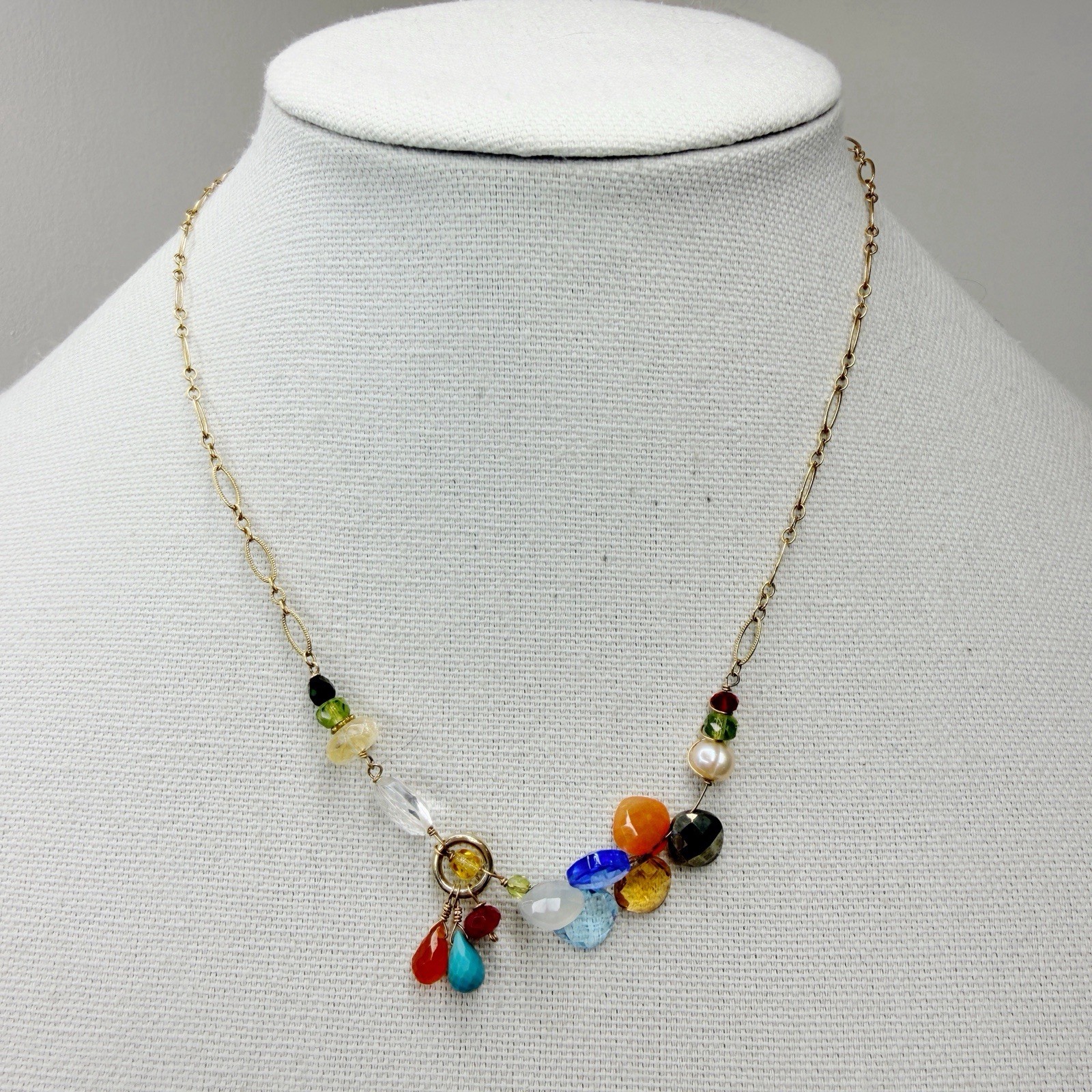 Anna Balkan Cluster Gemstone Necklace Pearl Topaz Carnelian Citrine Peridot Boho