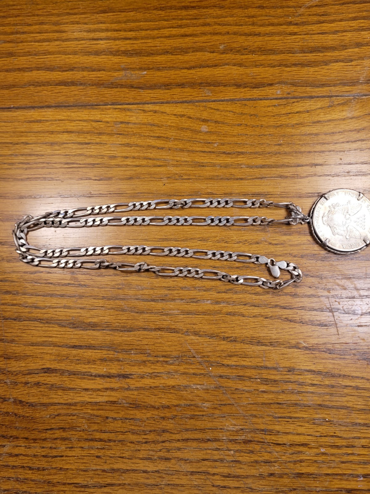 Sterling Silver Italy Figaro Chain Coin Pendant Necklace 925