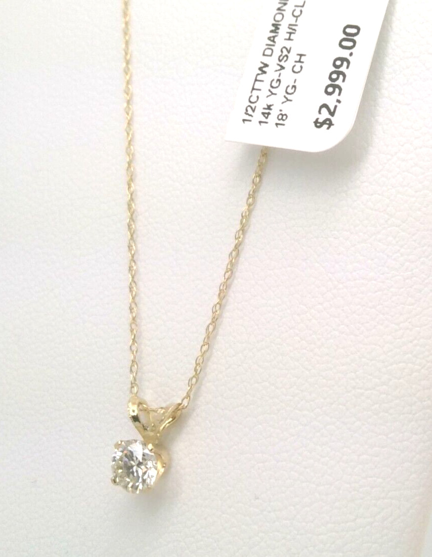 $3000 REAL GENUINE Diamond SOLITAIRE PENDANT NECKLACE 14k yellow Gold SOLID! 18′