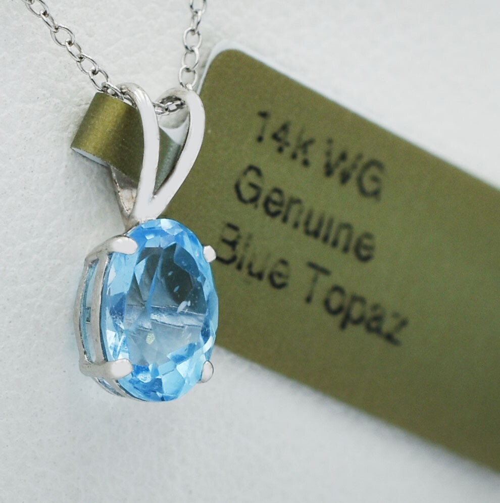 GENUINE 1.22 Cts BLUE TOPAZ PENDANT 14K WHITE GOLD – MADE IN USA -Free Appraisal