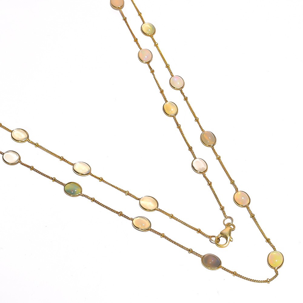 Natural Ethiopian Opal Station Necklace 925 Sterling Silver Long Chain 37″ P-597