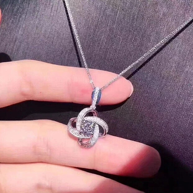 14K White Gold Finish 1.50Ct Lab Created Diamond Twisted Pendant Free Chain