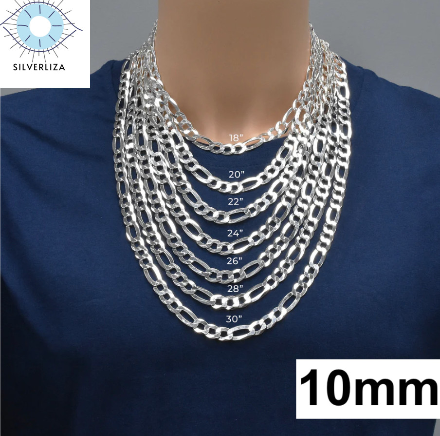 Sterling Silver Men’s Women’s Figaro Solid Chain Bracelet or Necklace 925 Italy