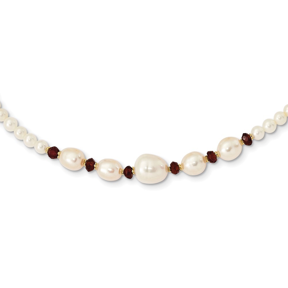 14k Yellow Gold White Semi-Round Cultured Pearl & Garnet Bead Necklace 18″