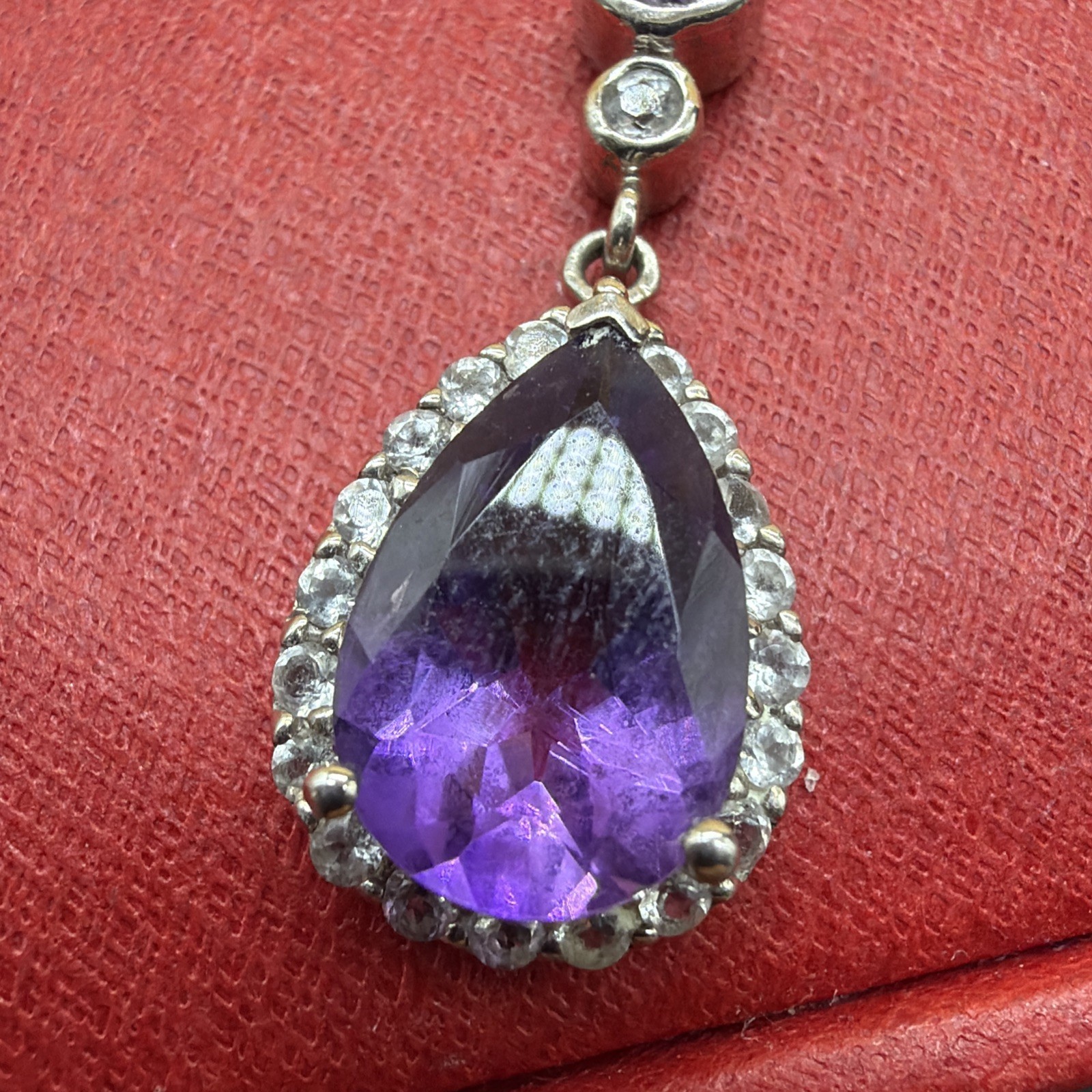 Beautiful Faceted Amethyst Teardrop Pave Halo Vintage Sterling Necklace 18”!