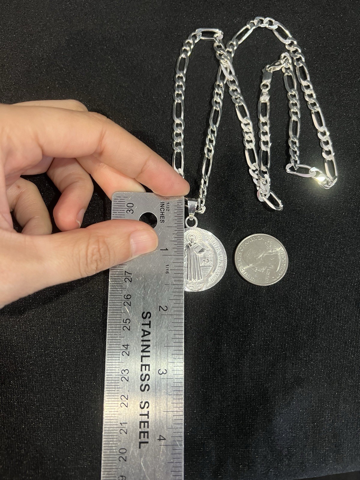 925 Sterling Silver Men Women St Benedict San Benito Medal Figaro Chain 20 24 30