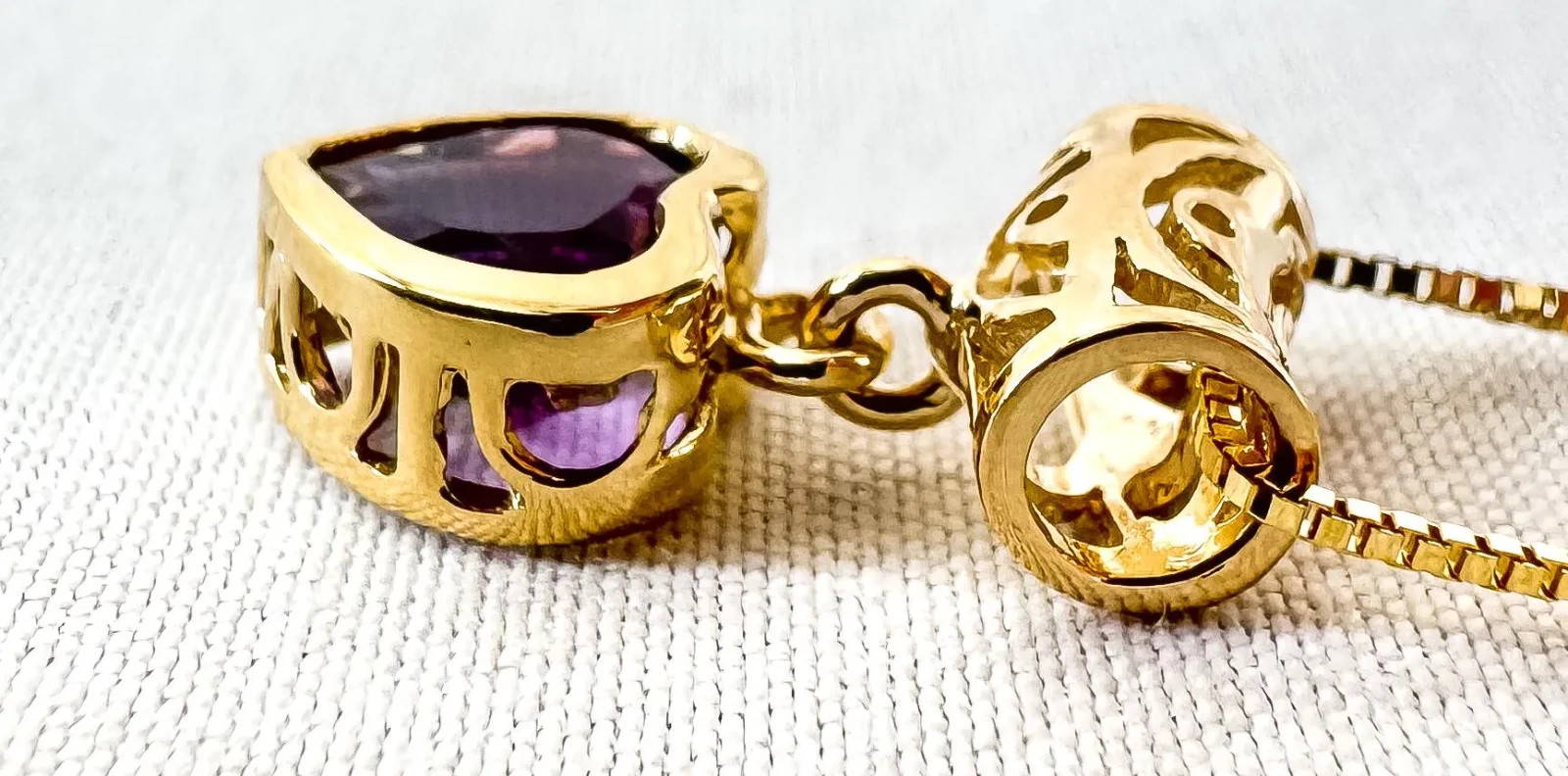 14K Yellow Gold Aurafin Italy Amethyst Heart Pendant 18″ Box Chain Necklace