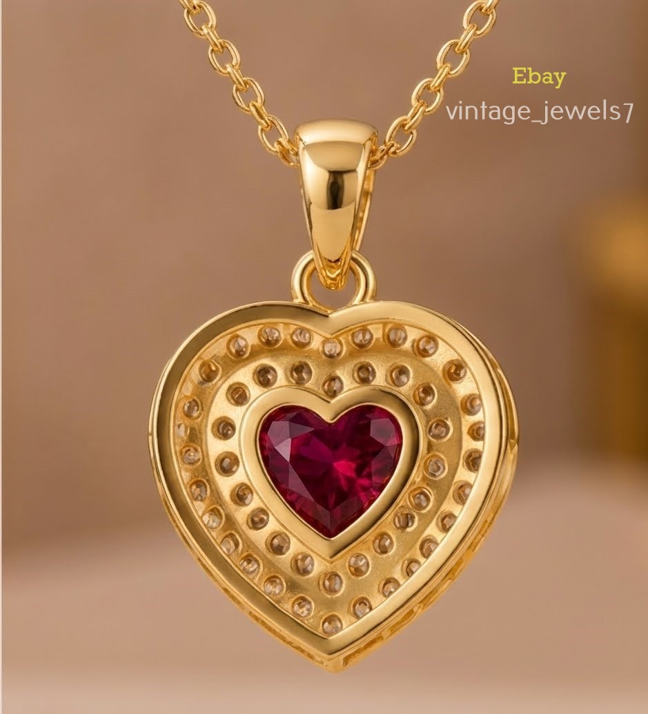 14K Yellow Gold Finish 2CT Heart Cut Genuine Real Ruby Pendant Double Halo