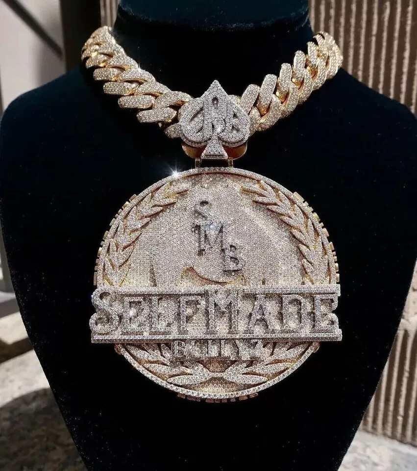 Custom Men’s “SELF-MADE” Pendant 9Ct Round Real Moissanite 925 Silver Necklace