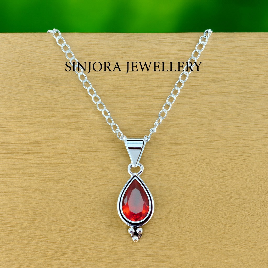 Garnet Gemstone 925 Sterling Silver Jewelry Handmade Pendant 18”
