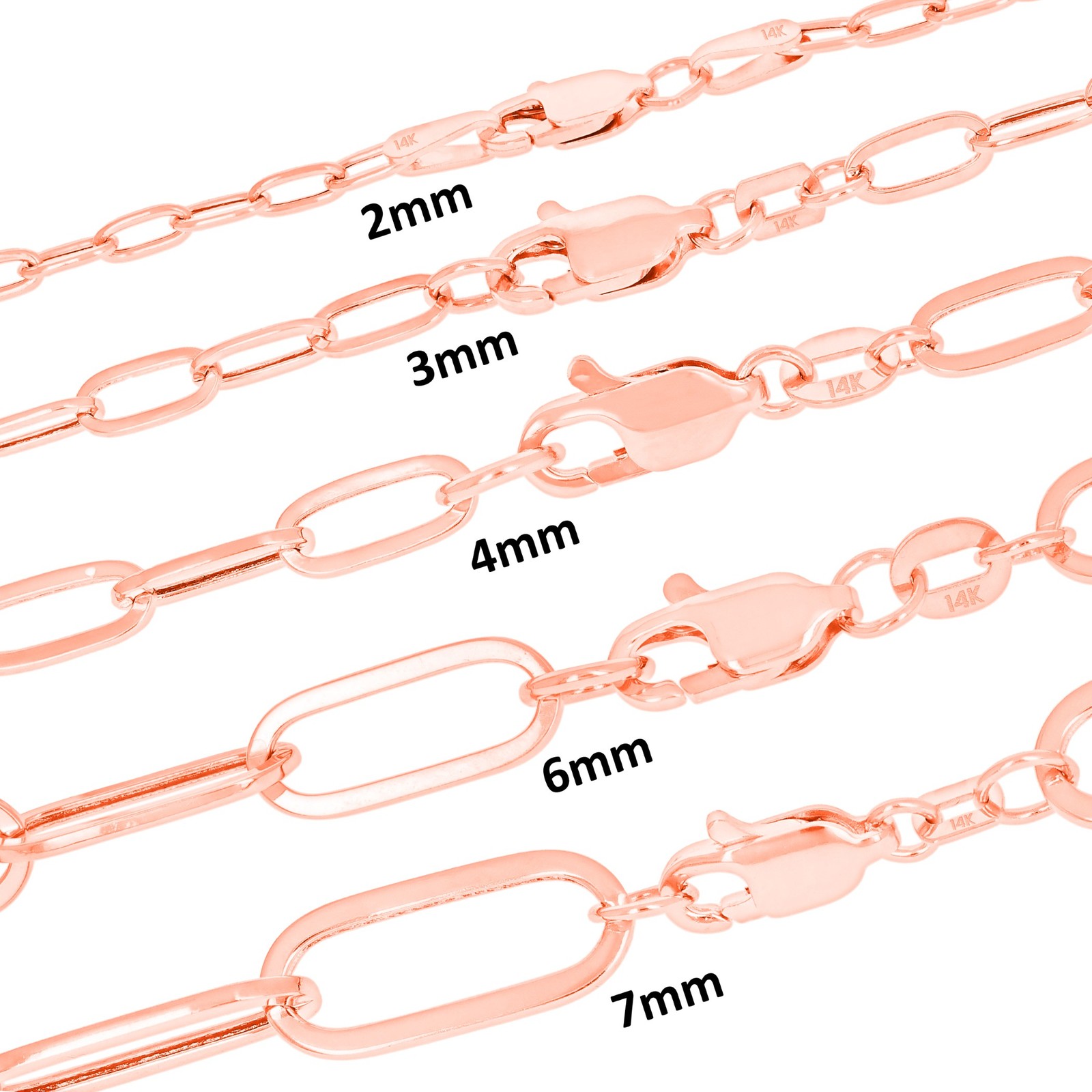 14k Rose Gold Paperclip 2mm-7mm Chain Oval Cable Necklace Mens Womens 16″-24″