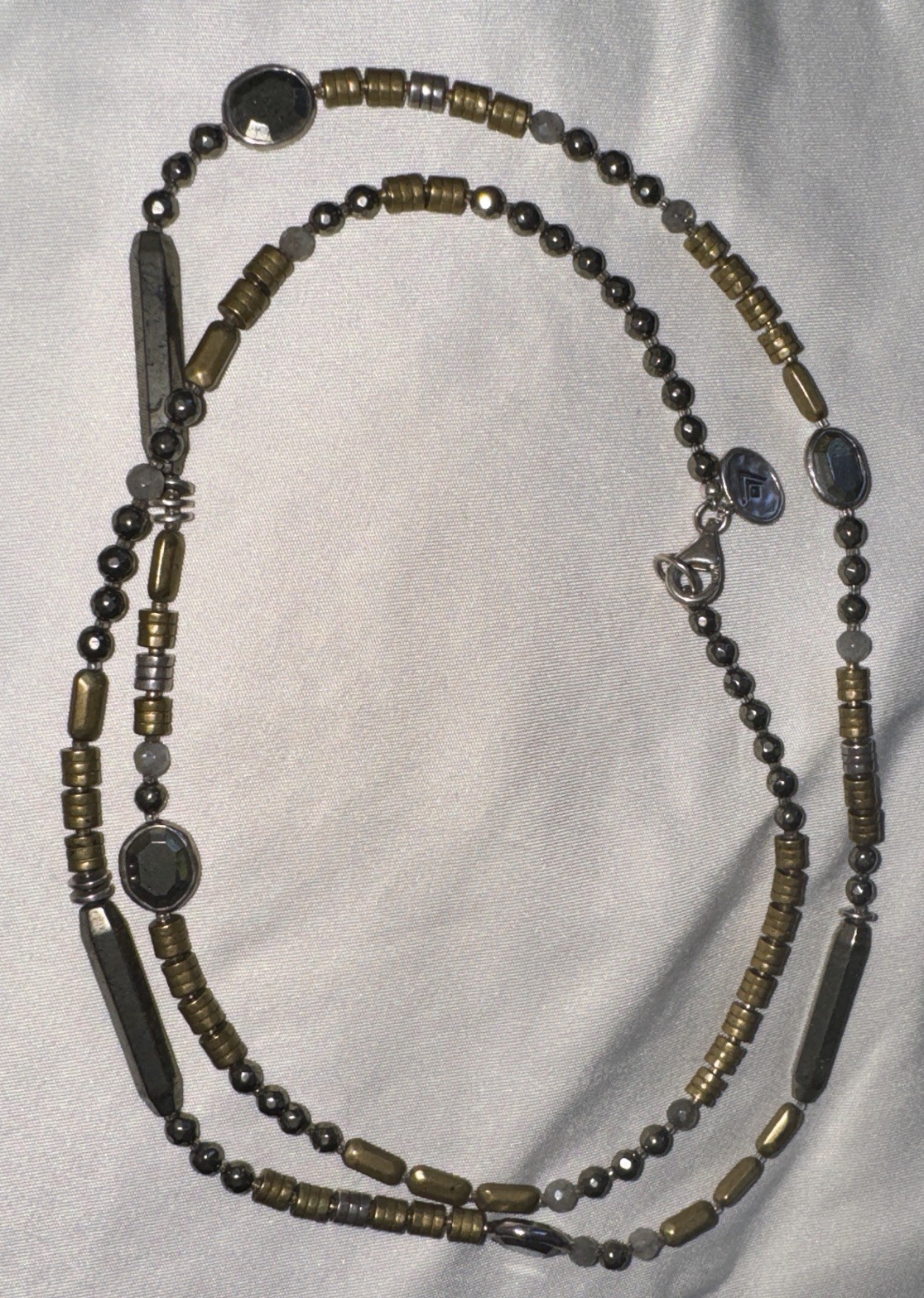 Silpada Show Your Metal Silver Brass Pyrite Labradorite Necklace 30” 46g N3104