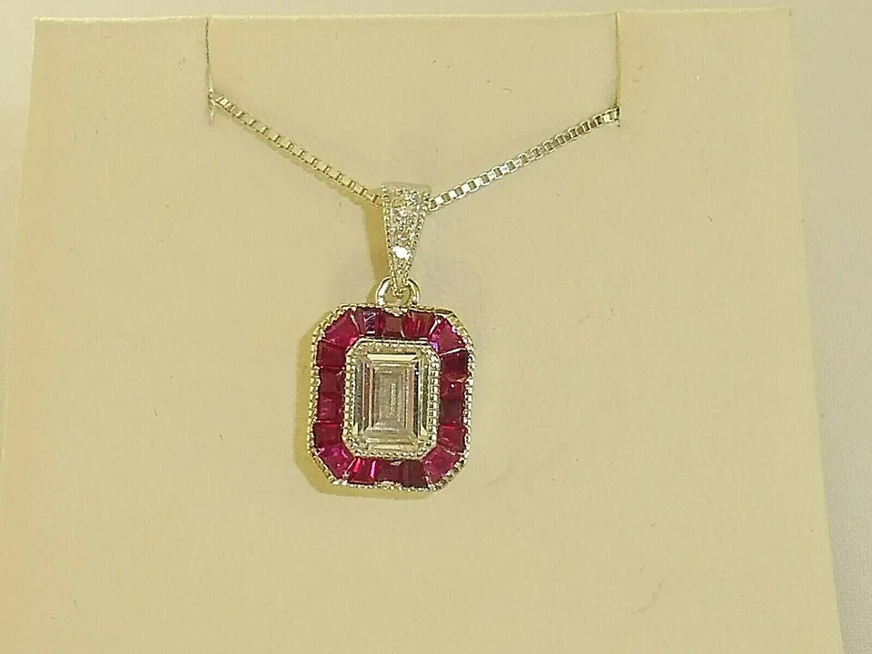 2.50Ct Art Deco Design White Lab-Created Diamond & Ruby Solid 925 Silver Pendant