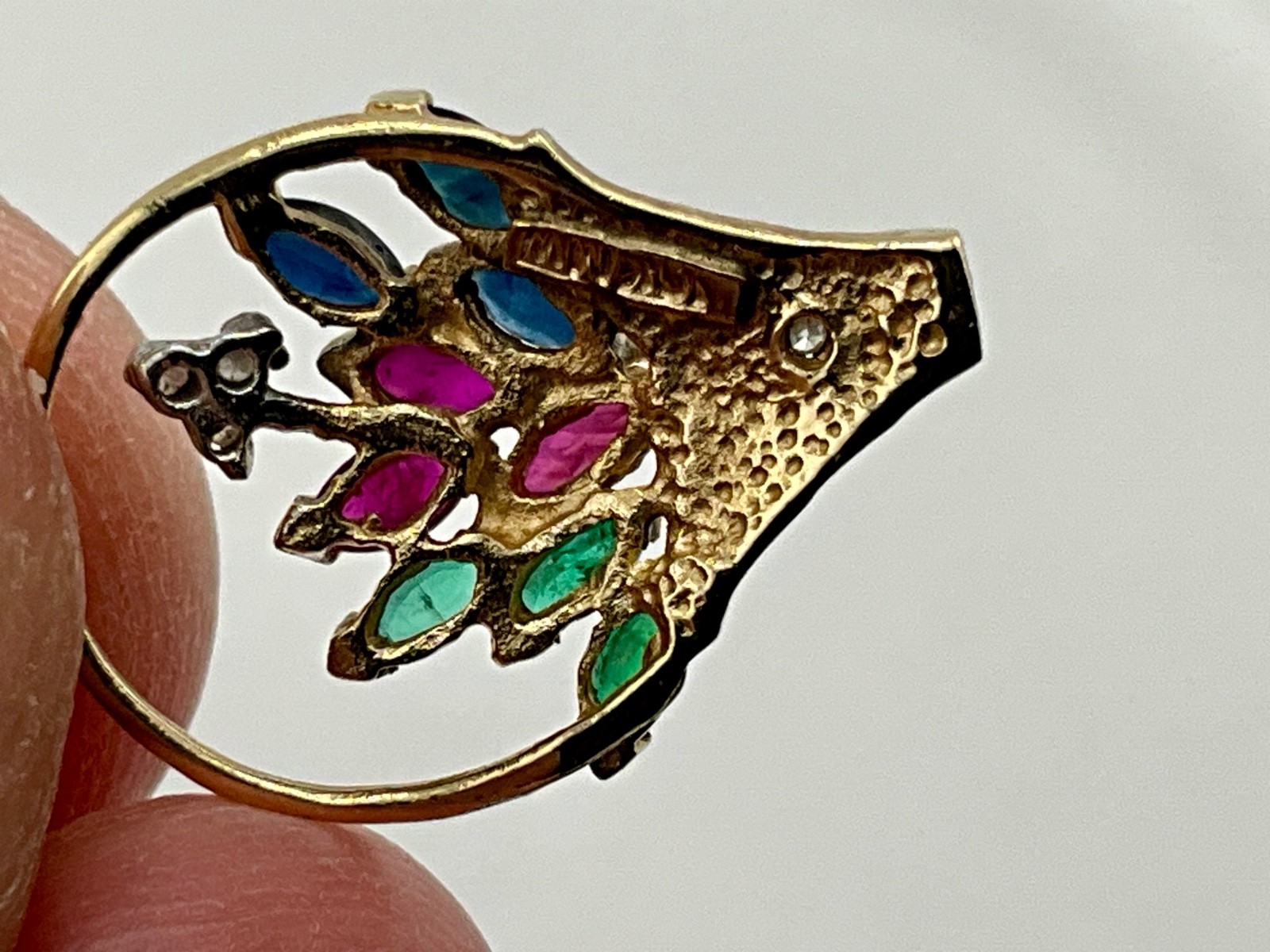 Vintage Minimalist 10k Gold Flower Basket Pendant Ruby Emerald Sapphire Diamond