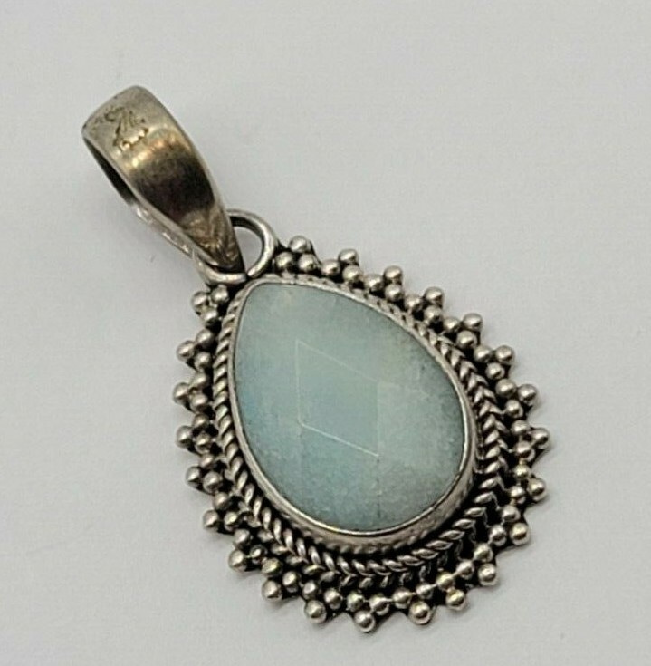 1.42″ Sterling Silver Tear Drop Pear Shape Very Light Blue Stone Pendant Beaded