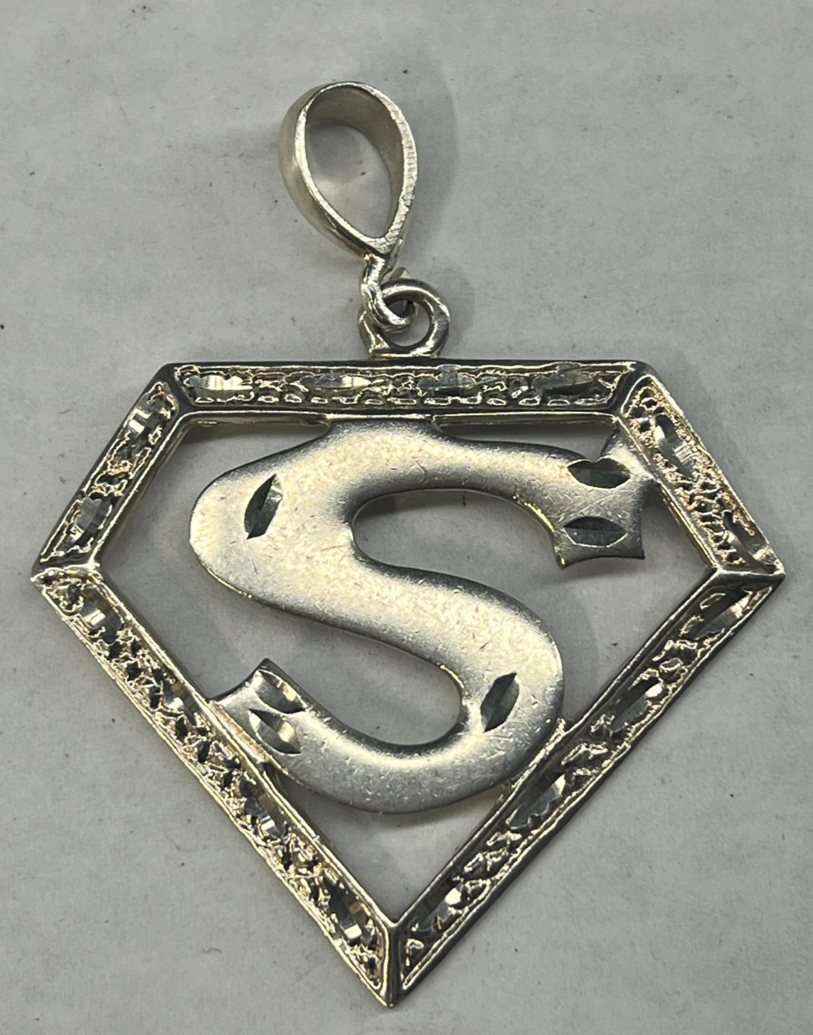 Sterling Silver Diamond-Cut Superman Logo Pendant S Super Hero Comics 2.25″ Long
