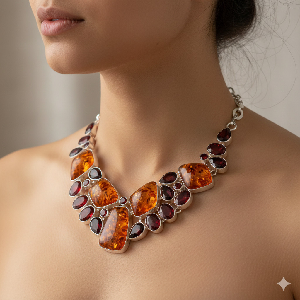 Baltic Amber, Garnet Gemstone 925 Sterling Silver Necklace 18″ r328