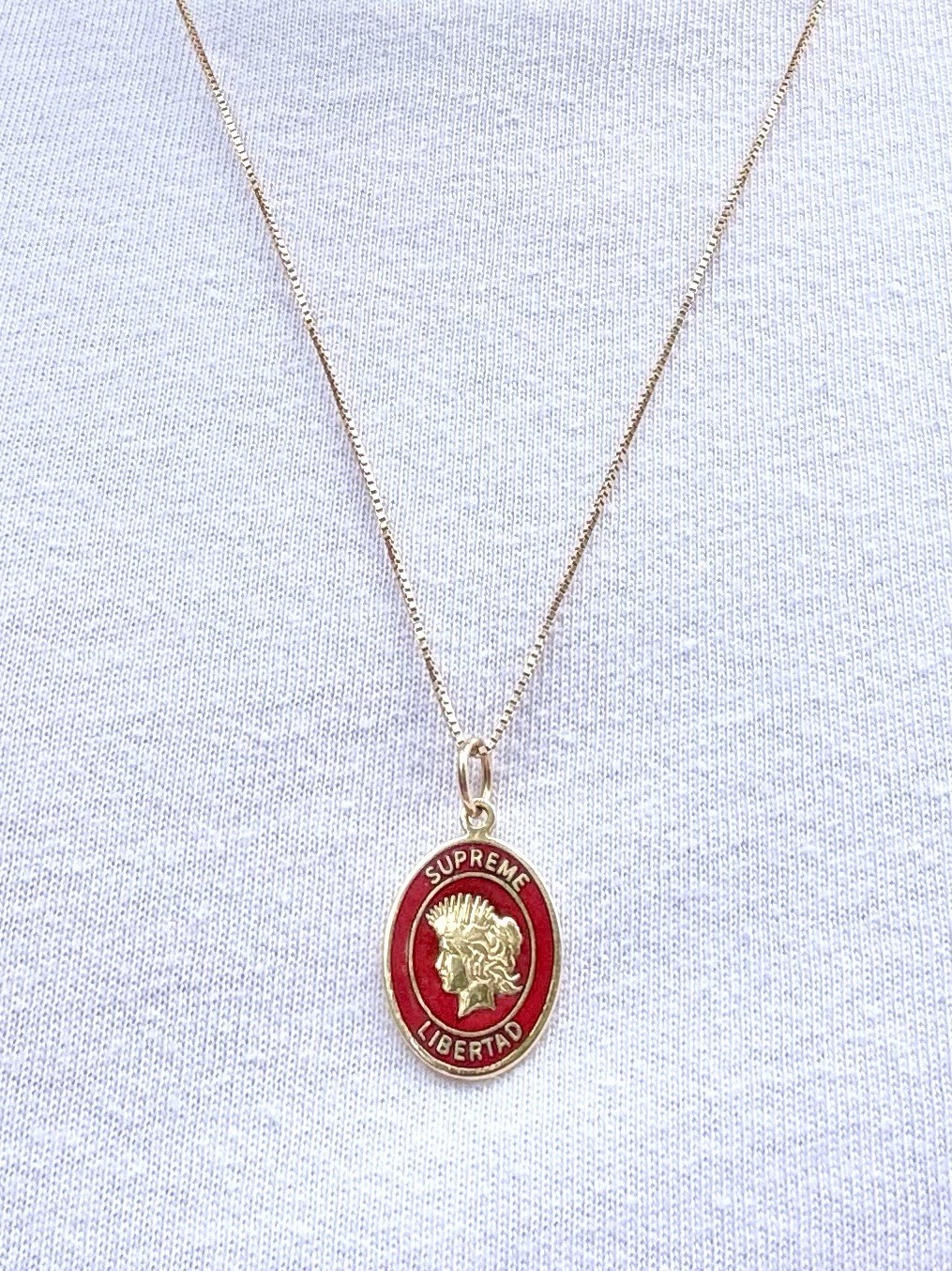 Supreme 14k Solid Gold Libertad Pendant on 14k Box Chain Necklace SS19