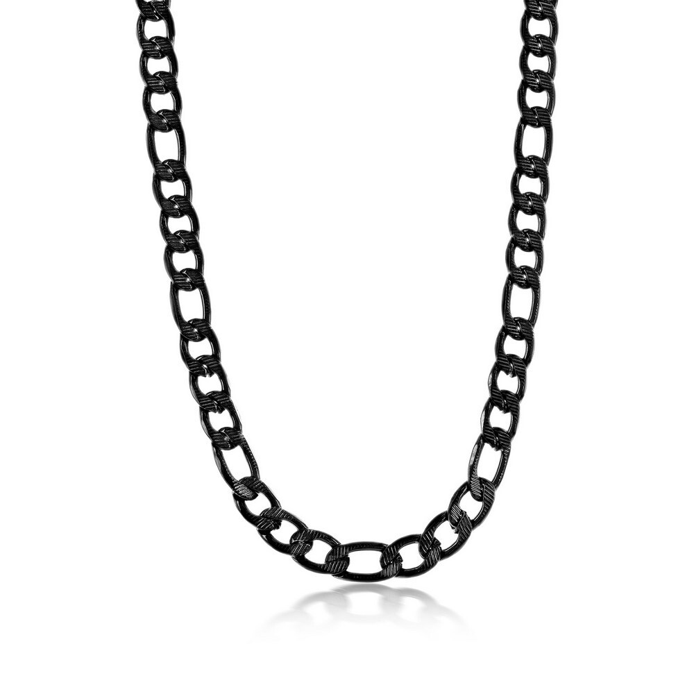 Black Plated Steel 8mm Textured Figaro Chain Necklace 24″