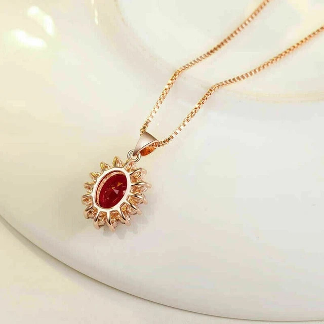 Oval Cut Lab Created Red Ruby Womens Pendant with Chain 14K Yellow Gold Plated