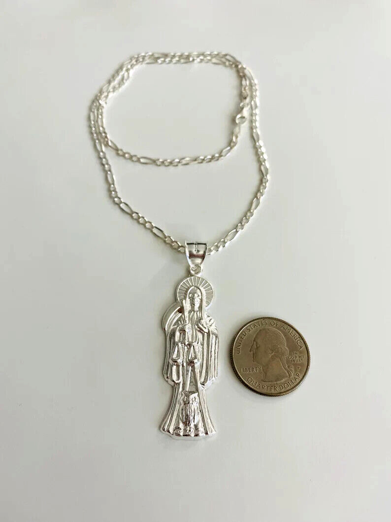 925 Sterling Silver Grim Reaper Santa Muerte Pendant / Figaro Necklace- ESP35