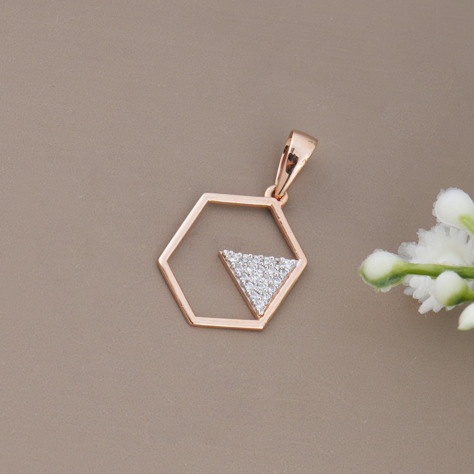 925 Sterling Silver Rose Gold Hexagon Pendant CZ Diamonds Unique Design