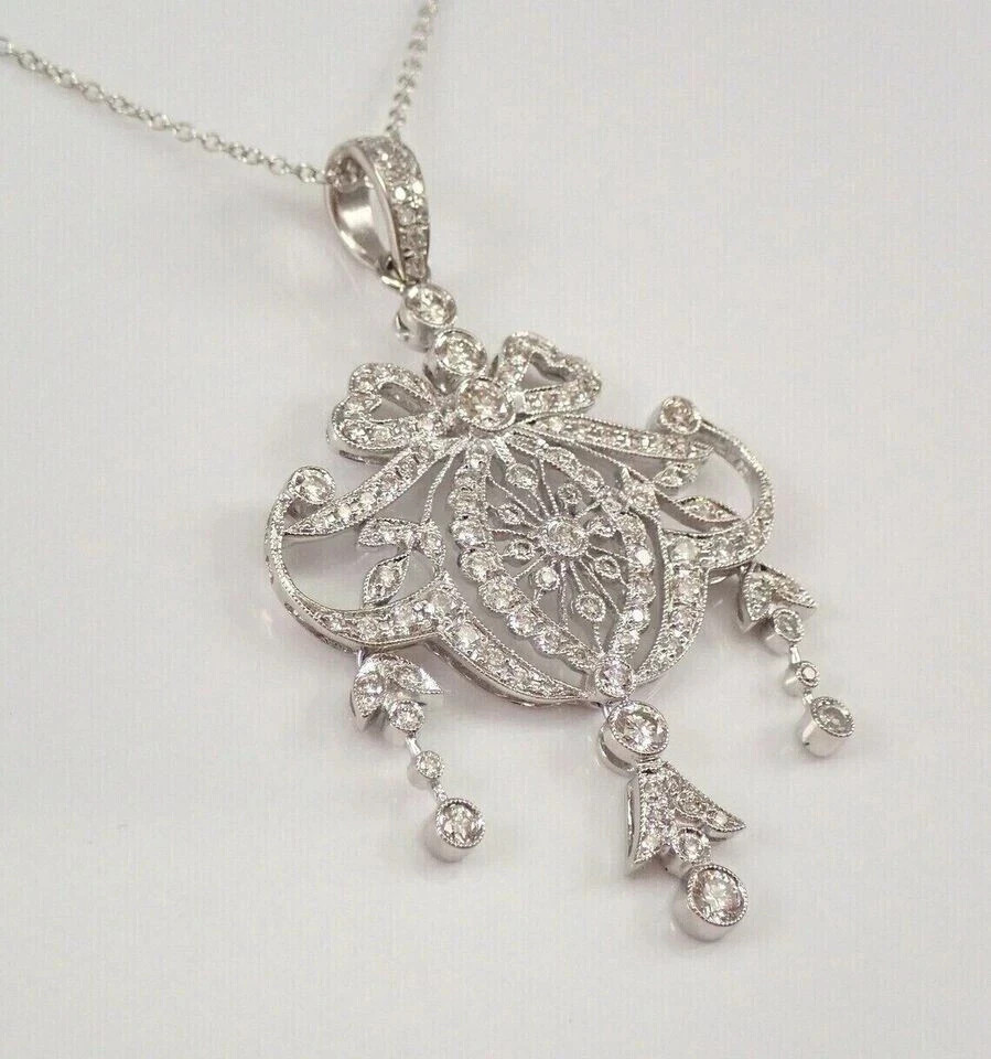 2 Ct Real Moissanite Drop Antique Pendant Chain 14K White Gold Plated Silver
