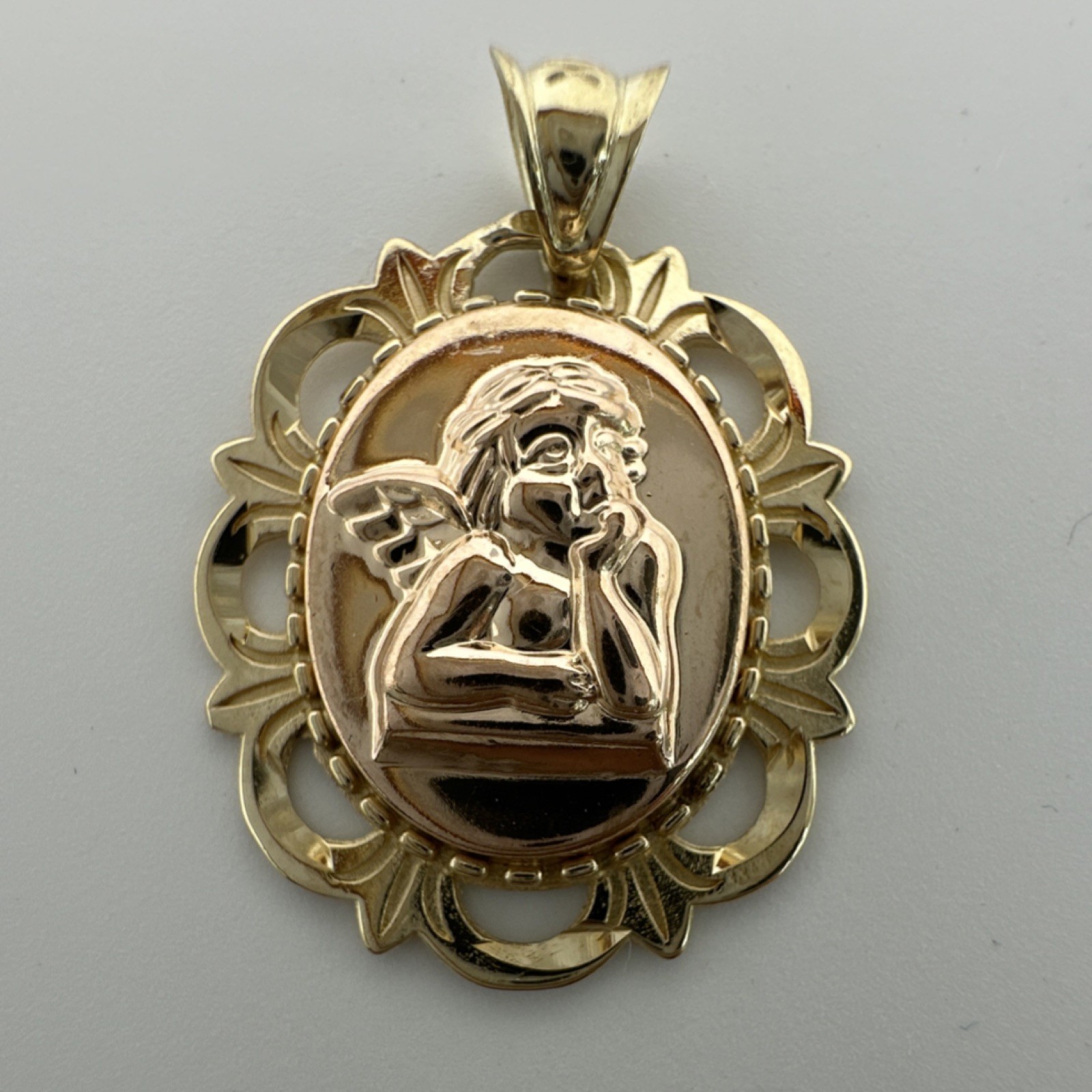 Yellow Gold 14k Oval Pendant Guardian Angel Engraved Religious Charm