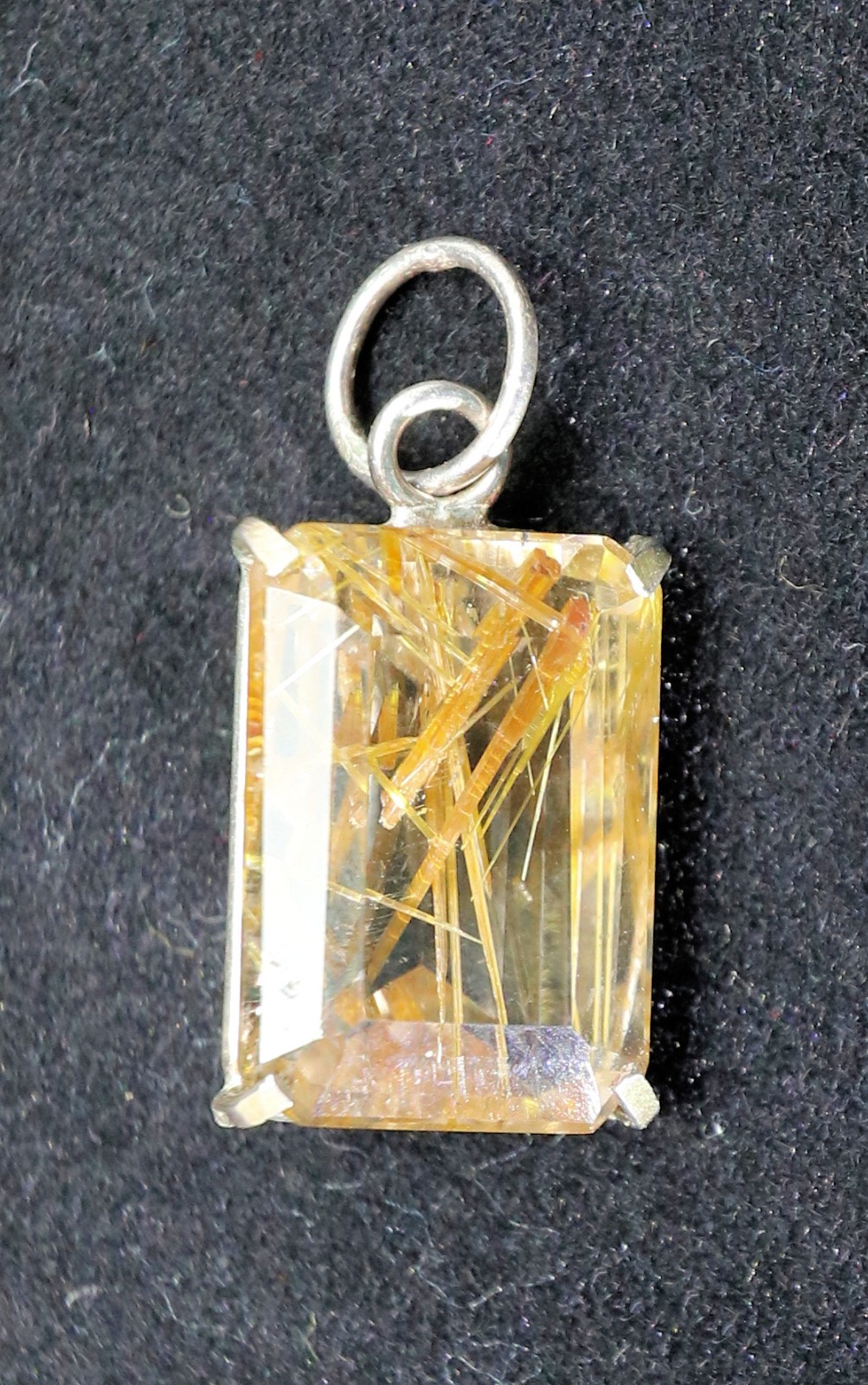 Vintage Rutilated Quartz Faceted Gold Pendant 3/4 x 1/2 x 1/2 Inch