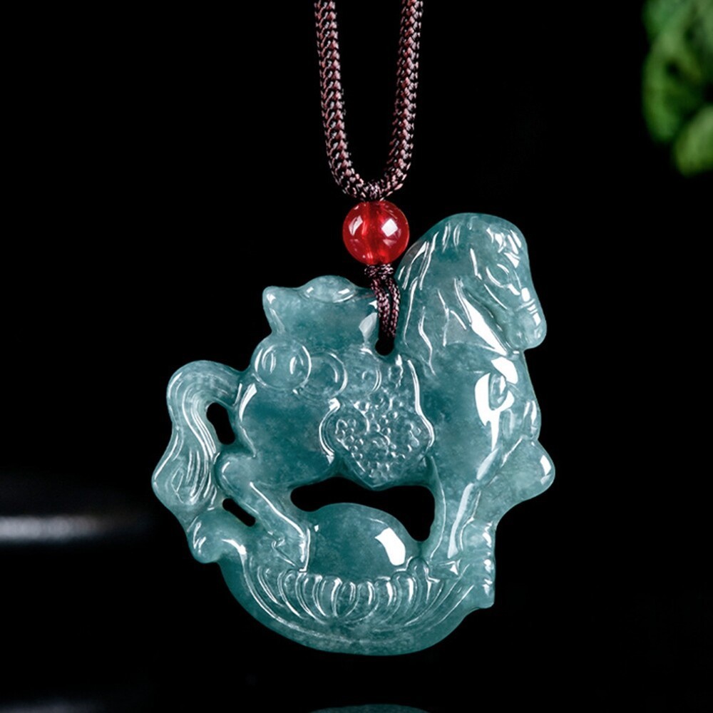 Grade A Natural Green Jade jadeite Zodiac Horse Lucky Pendant Necklace Certified