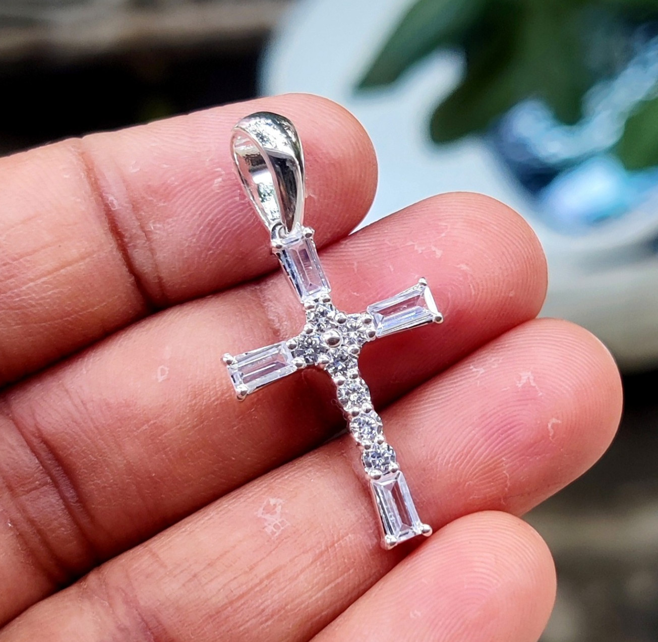 2Ct Bagutte Cut Natural Moissanite Cross Pendant 14K White Gold Plated Silver