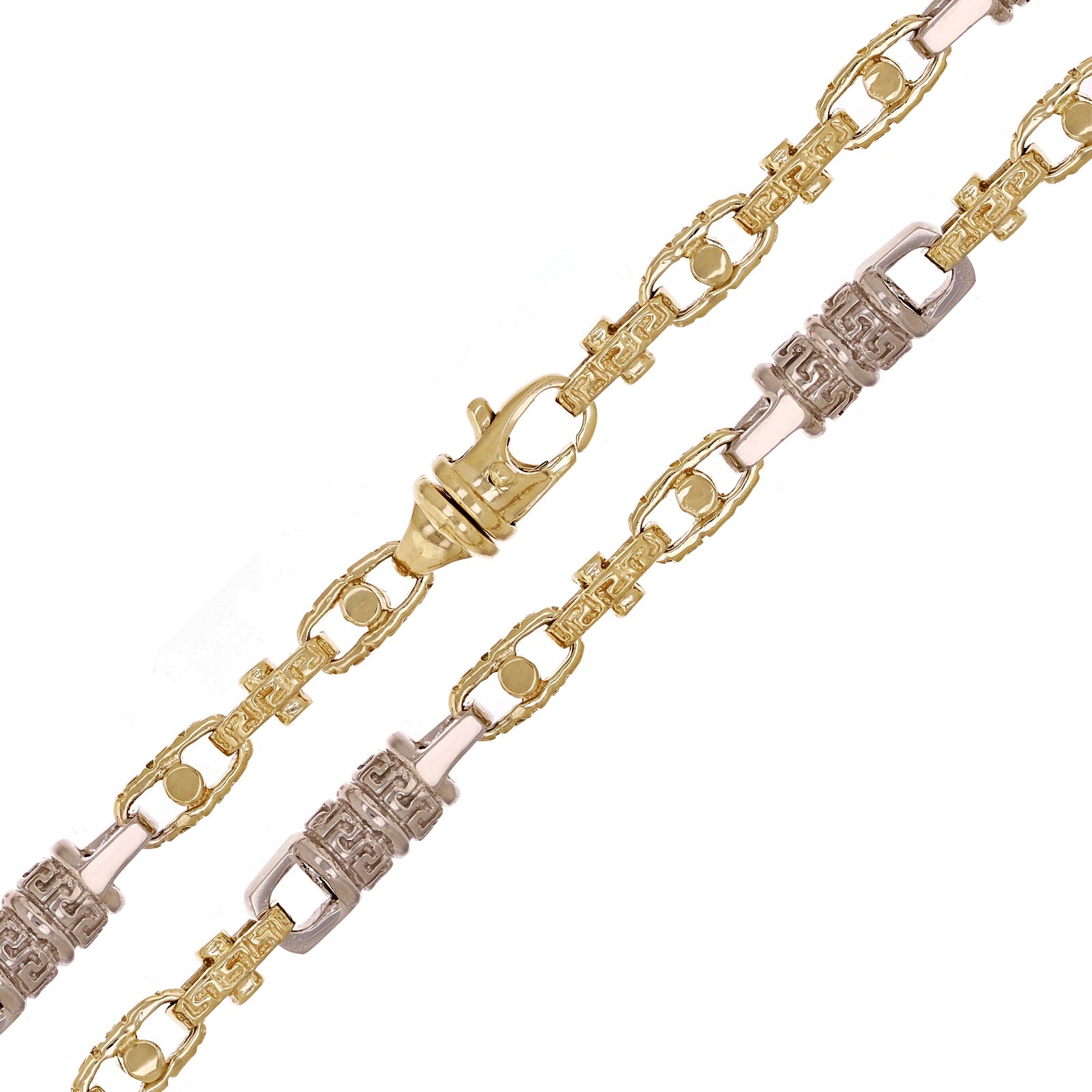 14k Yellow & White Gold Greek Barrell & Links Gold Necklace 24″ 7.5mm 98 grams