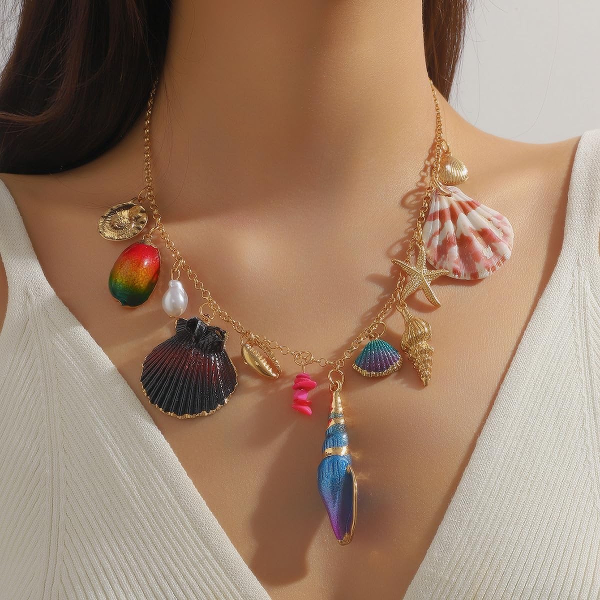 Multi Charm Necklace for Women Chunky Gold Plated Paperclip Chain Choker Ne – 04