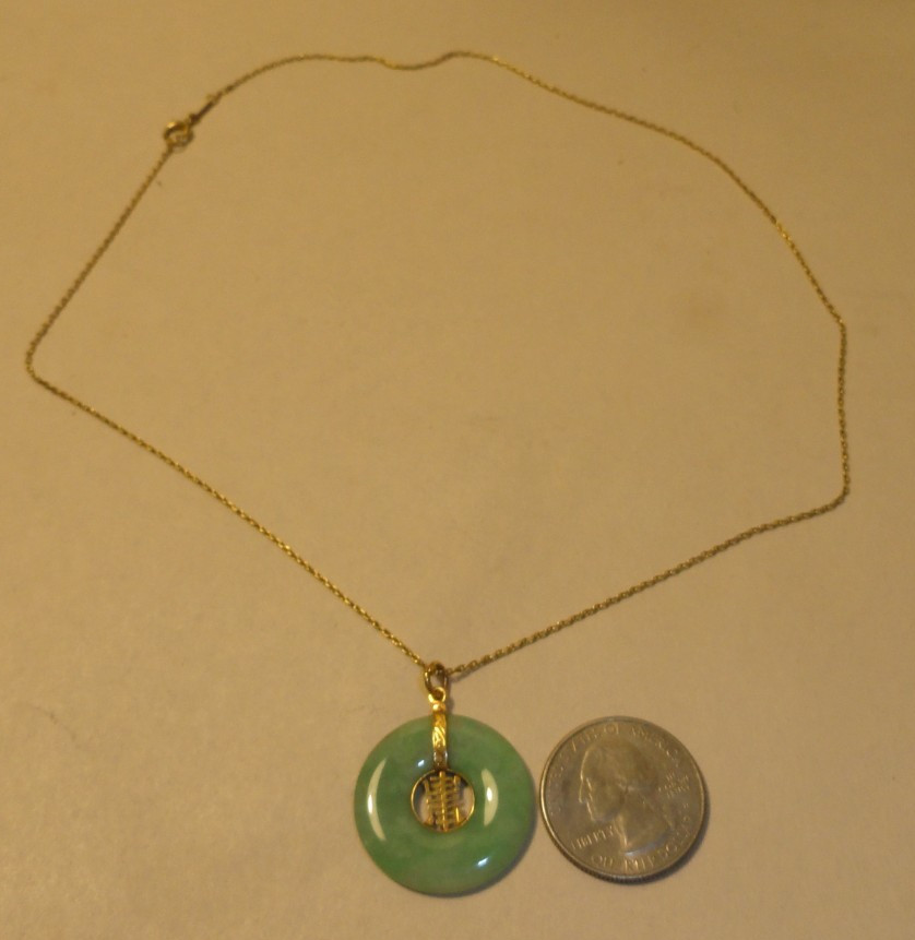 14K 18″ Necklace & Icy Green Jade Donut Pendant Chinese Longevity Symbol 26mm