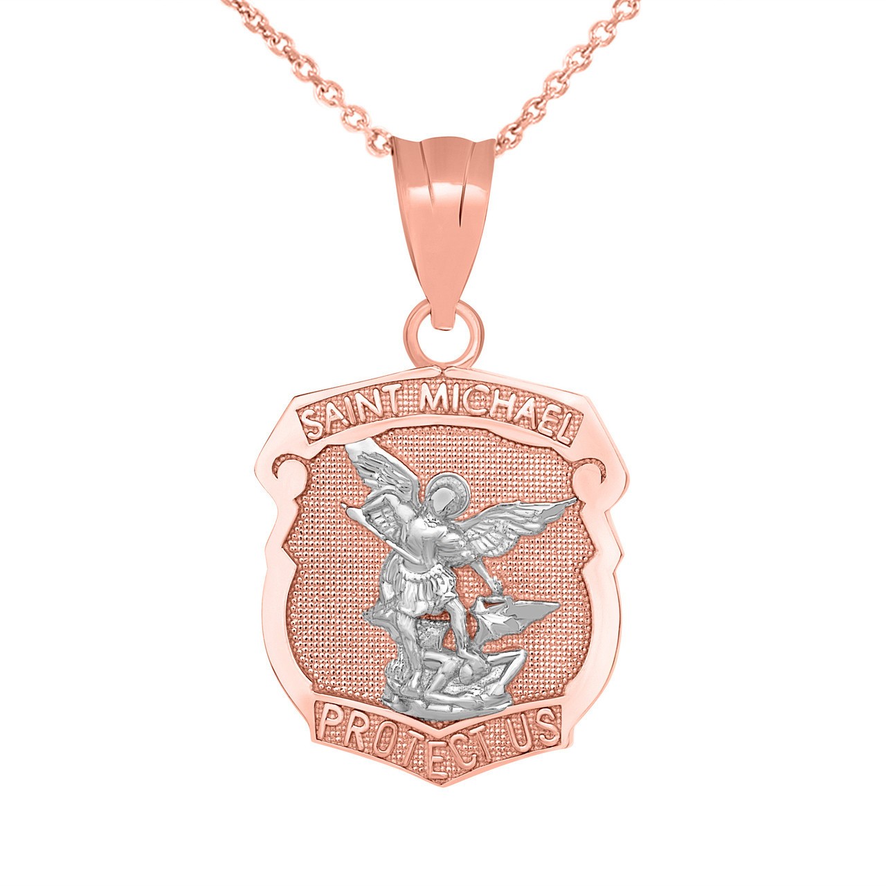 Gold St. Michael Protect Us Shield Pendant Necklace (Yellow/Rose/White/Two Tone)