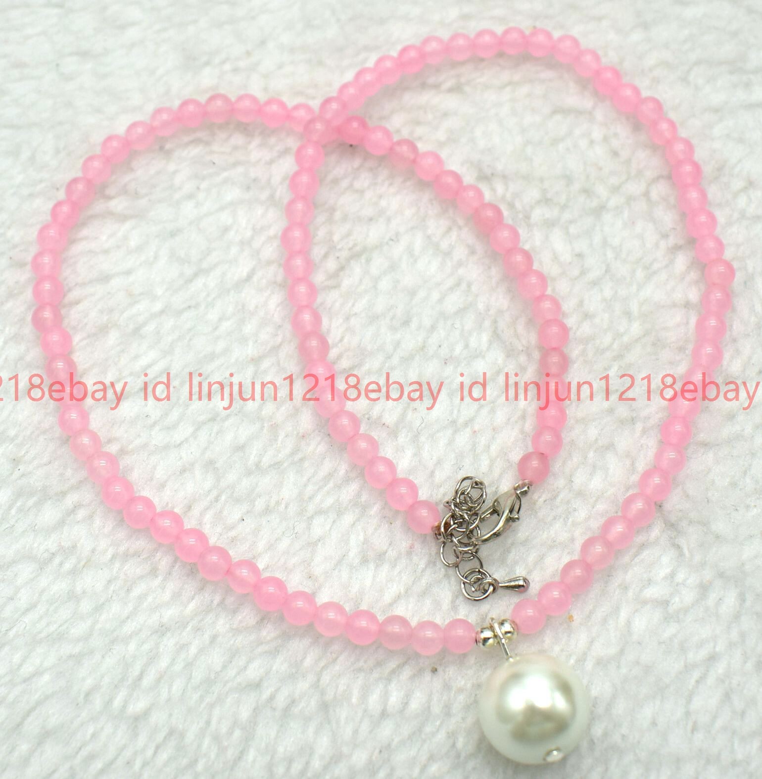 Natural 4mm Pink Jade Round Gems Bead White Shell Pearl Pendant Necklace 16-28in