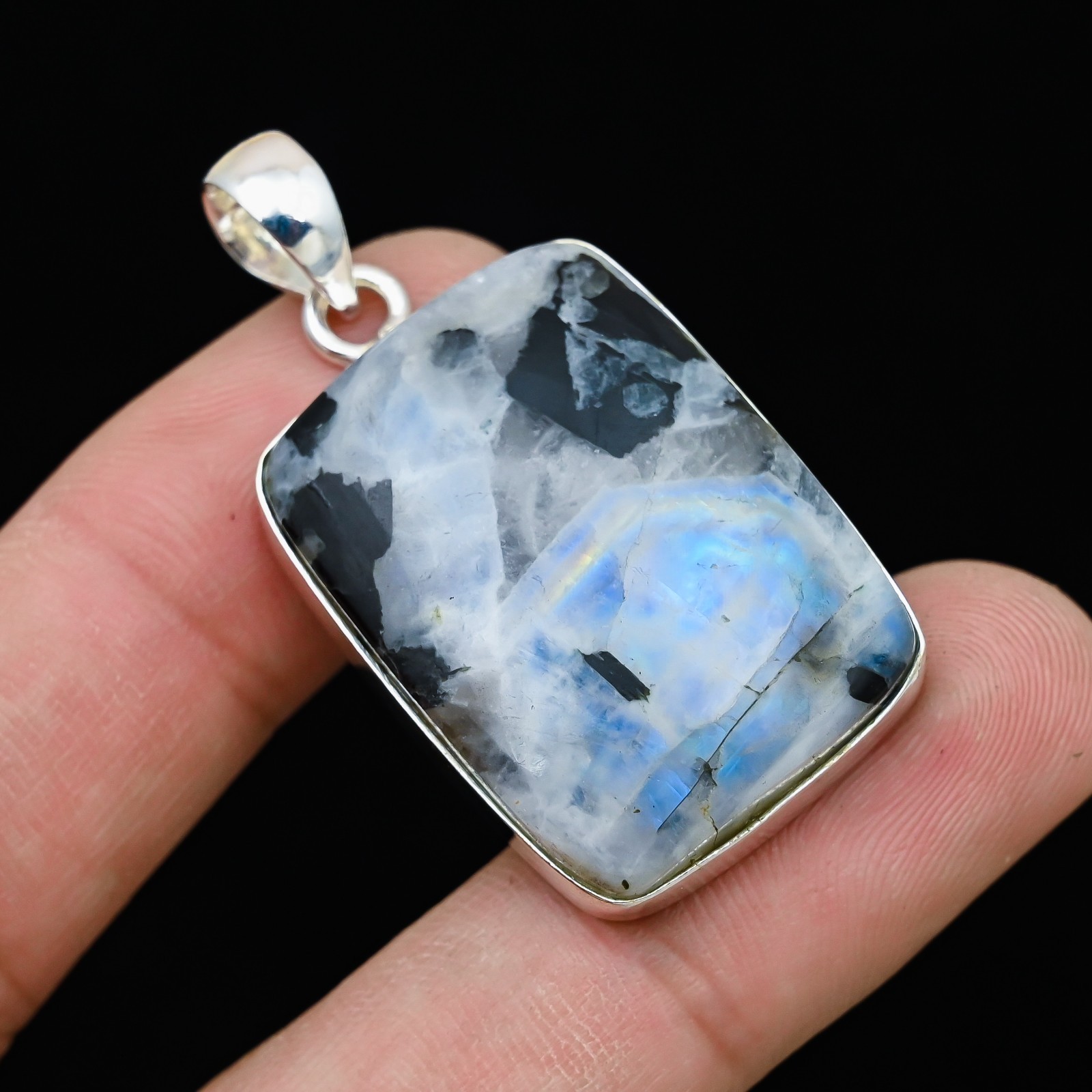 Rainbow Moonstone Gemstone 925 Sterling Silver Handmade Pendant Jewelry Gift For